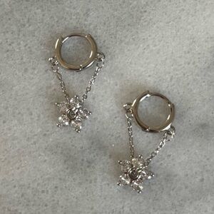 Sterling Silver Crystal Flower Chain Dangle Huggie Hoop Earrings Brand New